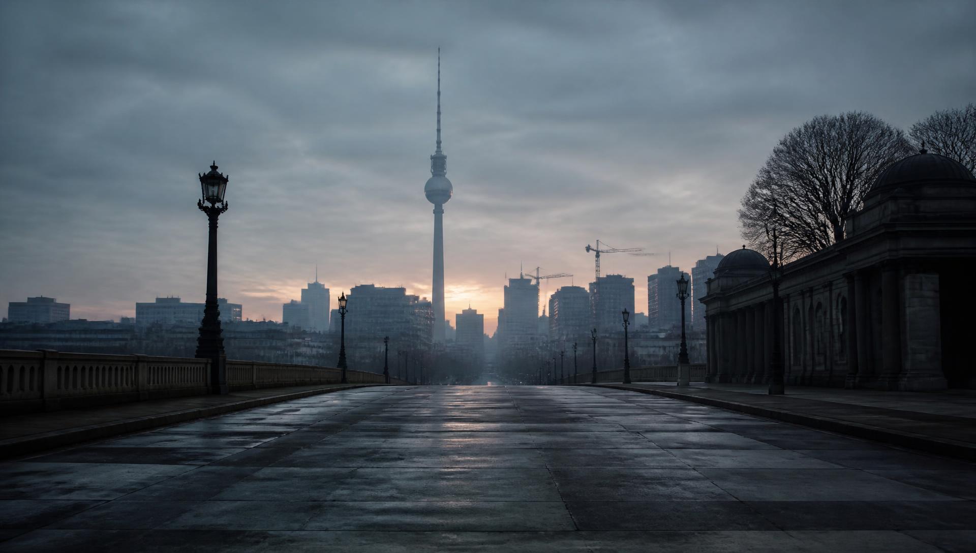 Berlin im Morgengrauen mit Fernsehturm im Dunst